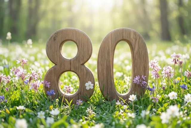 Houten cijfers vormen 80 in een zonnige weide met groen gras en kleurrijke lentebloemen.