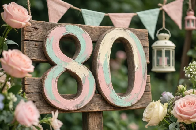 Een houten bord met 80 in vervaagde pasteltinten staat in een tuin tussen roze en crèmekleurige rozen, vlaggetjes en lantaarns.