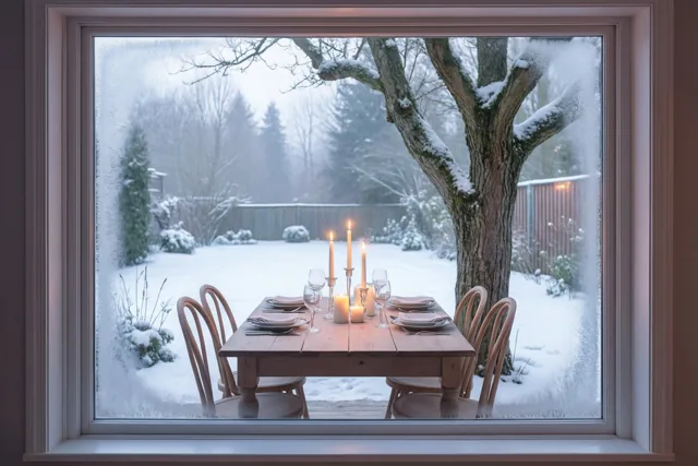 Door een berijpt raam is een houten eettafel met borden, bestek en brandende kaarsen te zien, met buiten een besneeuwde tuin en een grote boom.