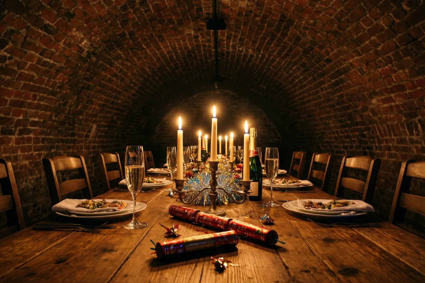 Een lange houten tafel met champagneglazen, feestcrackers en een kandelaar staat bij kaarslicht in een bakstenen gewelfkelder.