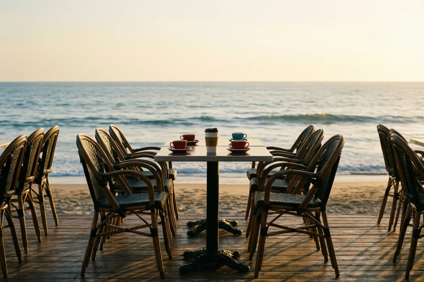 Op een houten terras staan rieten stoelen en een tafel met koffiekopjes, met op de achtergrond rustige zeegolven bij zonsopgang.