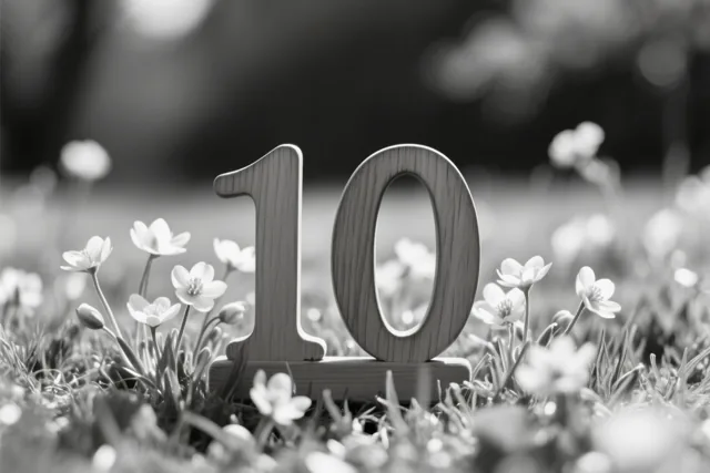 Een houten getal 10 staat in een grasweide tussen kleine lentebloemen op een zwart-witfoto.