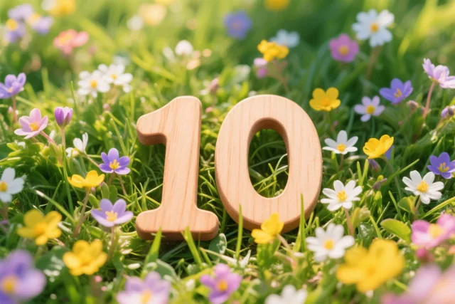 Een houten getal 10 staat in een zonnige weide met groen gras en gele, witte en paarse lentebloemen.