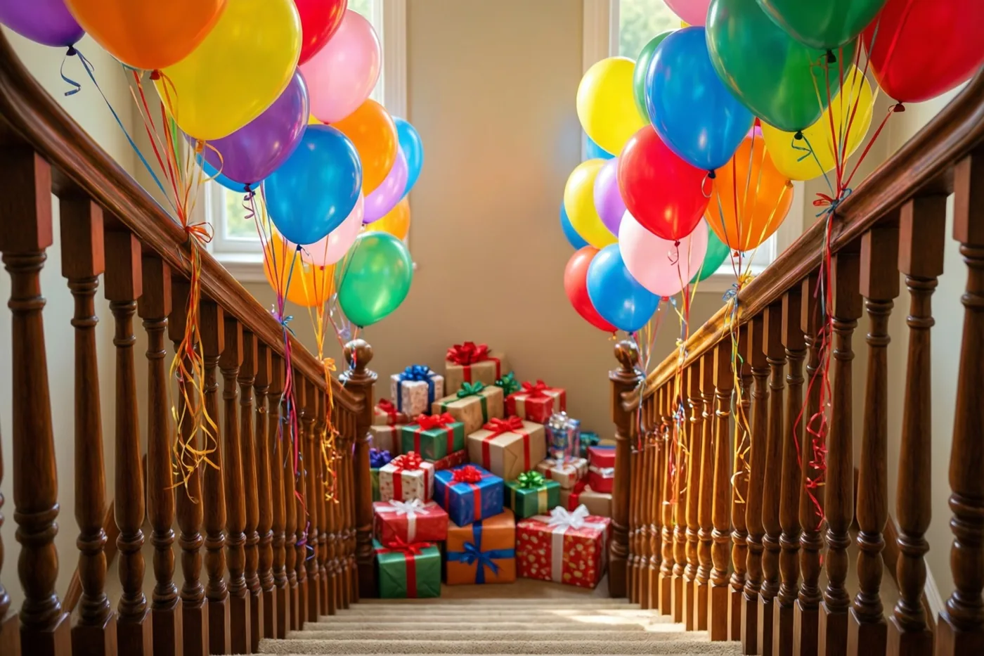 Een trap met houten leuningen en kleurrijke ballonnen aan elke leuningpaal leidt naar een stapel ingepakte cadeaus onderaan, verlicht door daglicht uit de ramen.