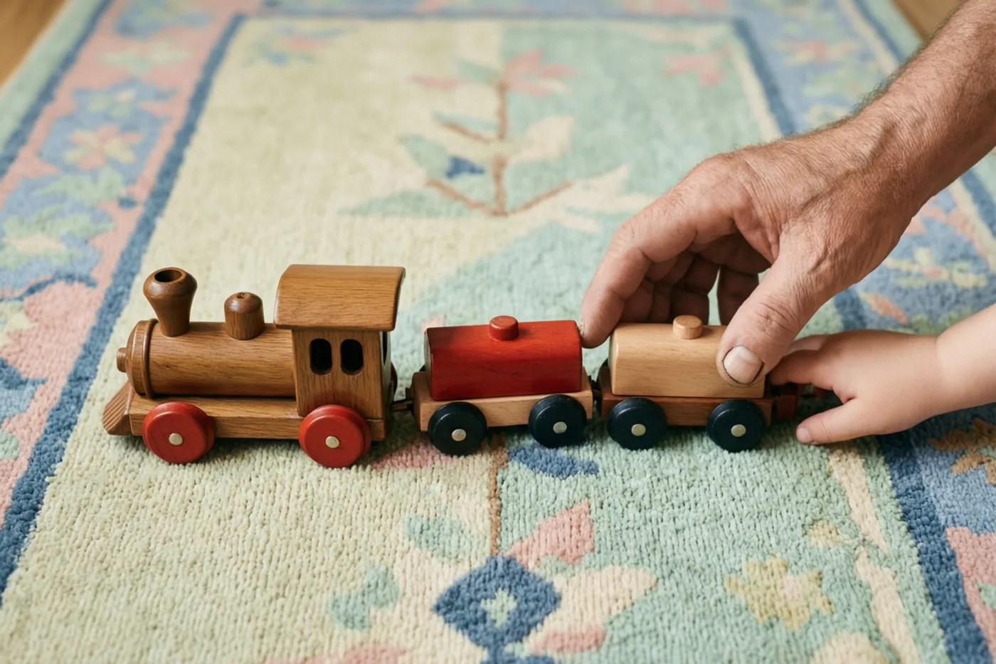 Een volwassen hand en een kinderhand duwen een houten speelgoedtrein met rode wielen over een pastelkleurig tapijt met bloemenmotieven.