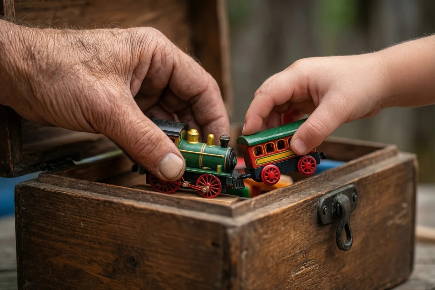 Een gerimpelde volwassen hand en een kleine kinderhand tillen buiten een kleurrijke houten speelgoedtrein uit een oude, verweerde houten kist.
