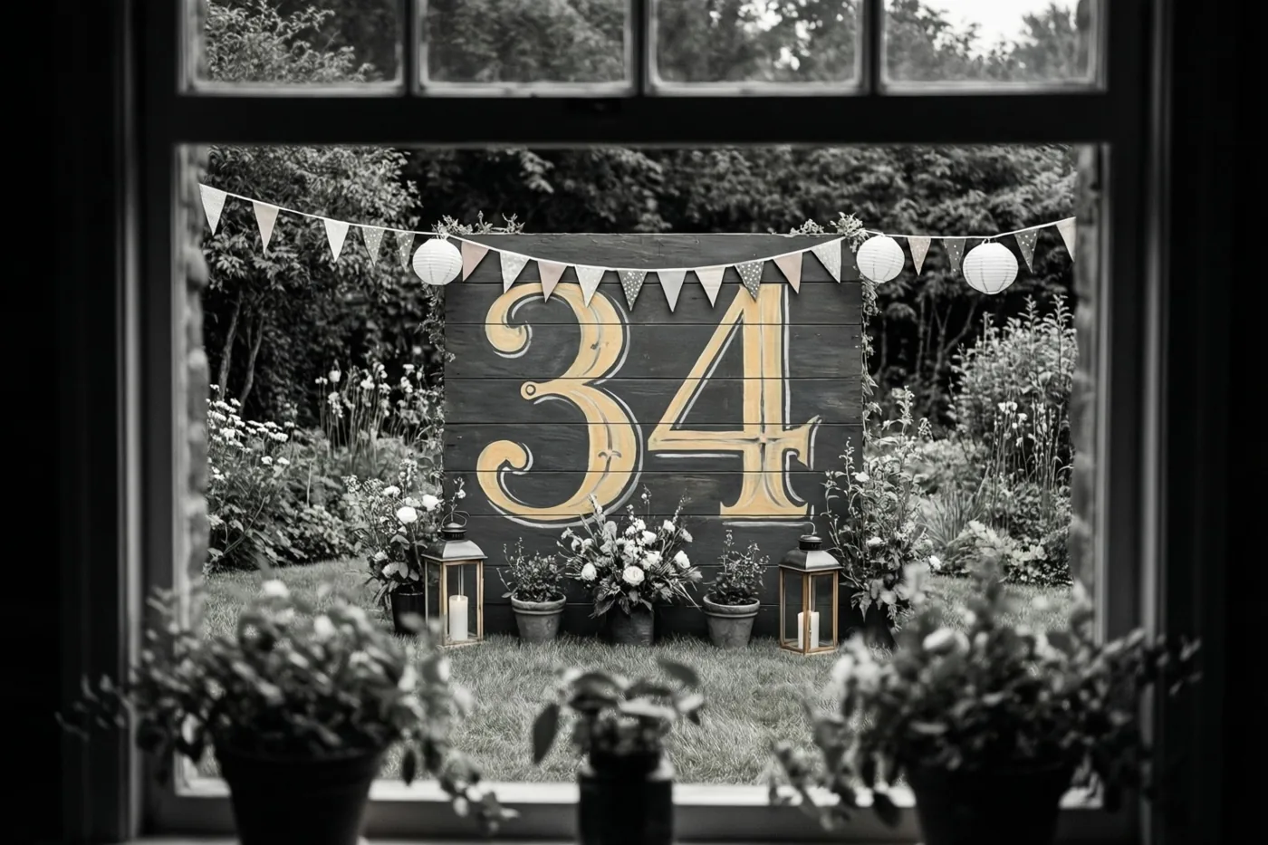 Een zwart-witfoto toont door een raam een tuin met een groot houten bord met 34, vlaggetjes, lantaarns, potplanten en bloemen.