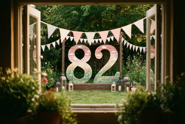 Door een open raam is een tuin te zien met een groot houten bord met 82, vlaggetjes, lantaarns, groen en bloemen.