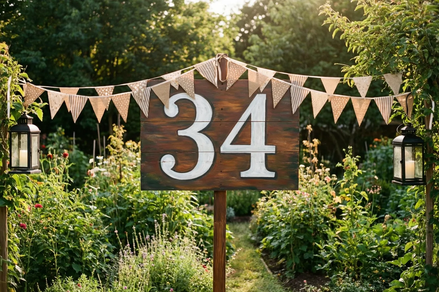 Een groot houten bord met 34 staat in een weelderige tuin tussen vlaggetjes en lantaarns, in warm zonlicht.