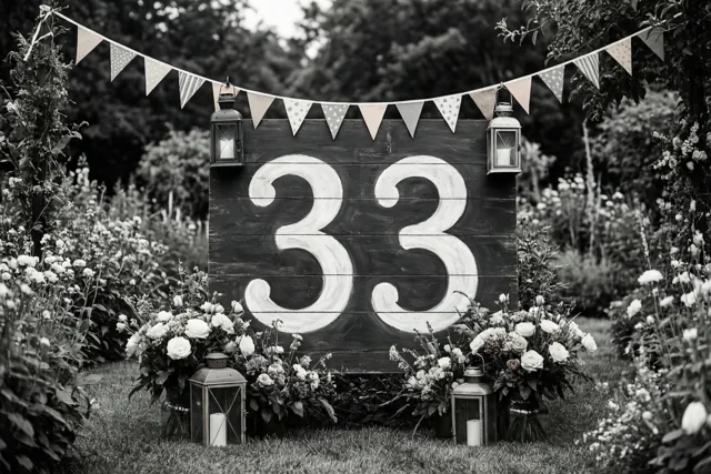 Op een zwart-witfoto staat een groot houten bord met 33 in witte verf in een tuin tussen bloemen en lantaarns, met vlaggetjes erboven.