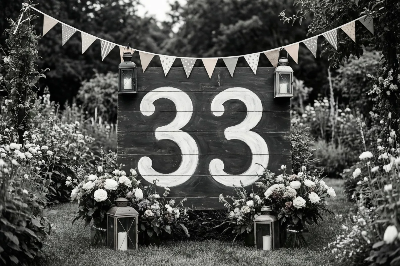 Op een zwart-witfoto staat een groot houten bord met 33 in witte verf in een tuin tussen bloemen en lantaarns, met vlaggetjes erboven.