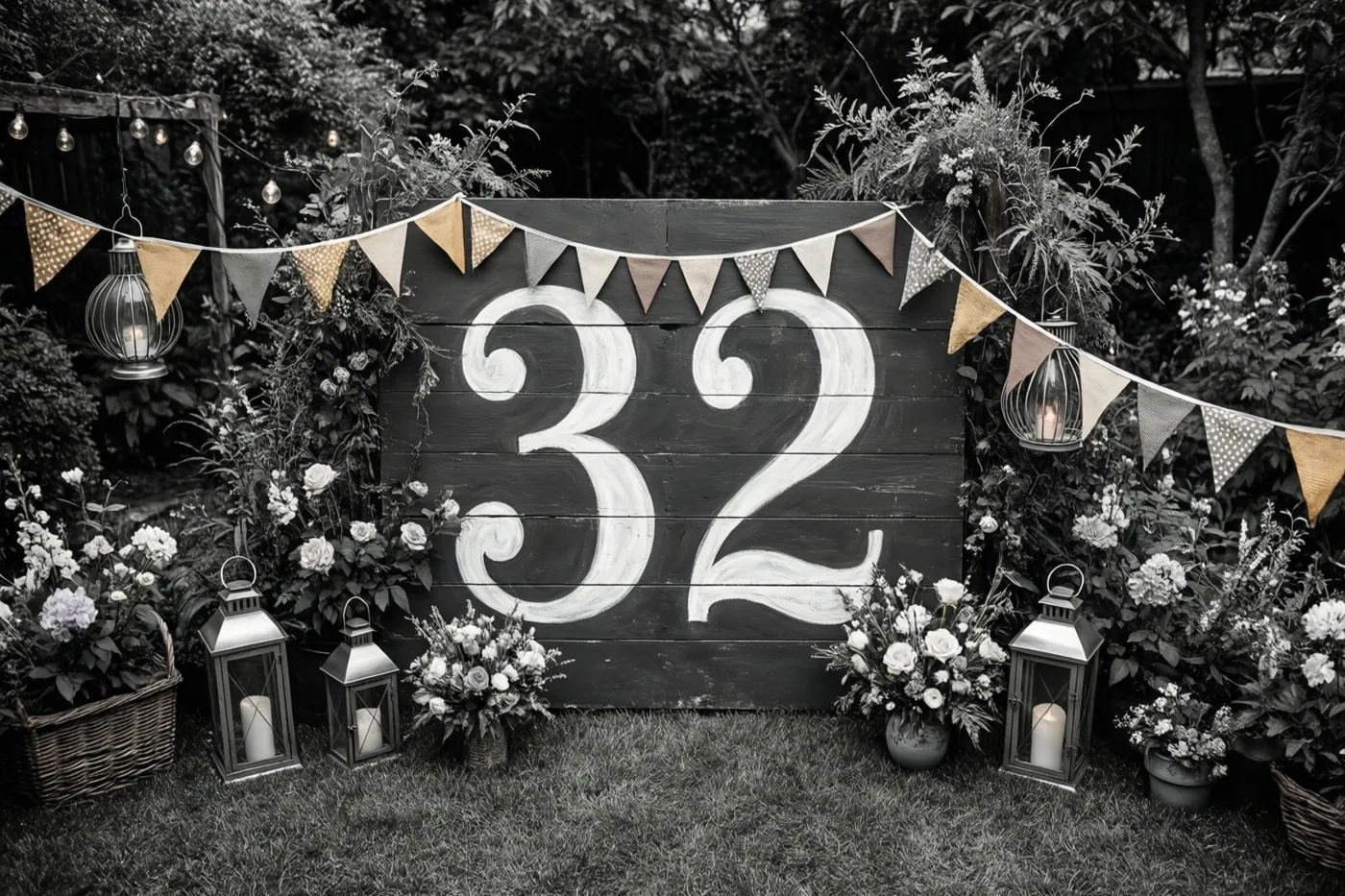 Een zwart-witfoto toont een groot houten bord met 32 in witte verf in een tuin met bloemen, lantaarns en vlaggetjes.