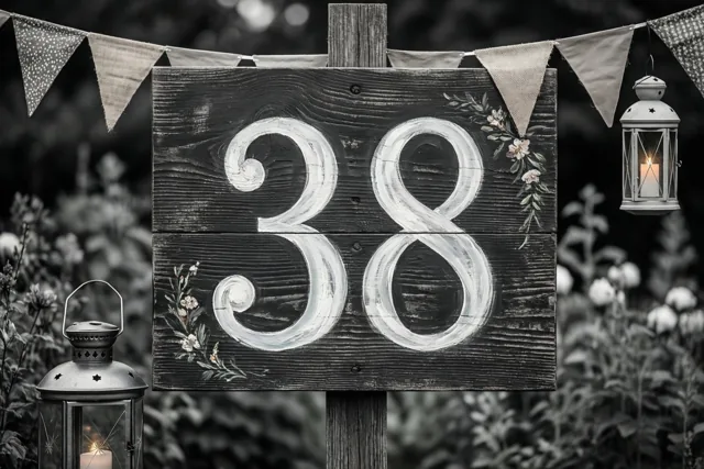 Een zwart-witfoto toont een groot houten bord met 38 in witte verf in een tuin met vlaggetjes en lantaarns.