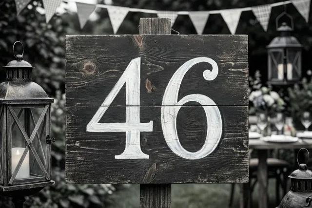 Een zwart-witfoto toont een verweerd houten bord met 46 in witte verf in een tuin met vlaggetjes en lantaarns.