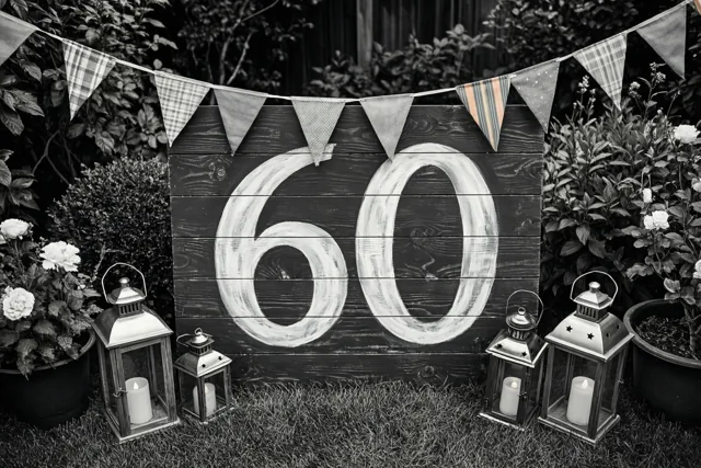 Een zwart-witfoto toont een houten bord met 60 in witte verf in een tuin met vlaggetjes, kaarslantaarns en potplanten op het gras.