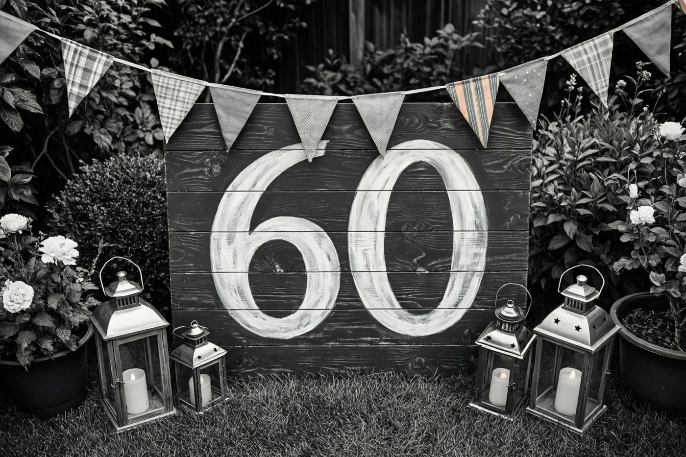 Een zwart-witfoto toont een houten bord met 60 in witte verf in een tuin met vlaggetjes, kaarslantaarns en potplanten op het gras.