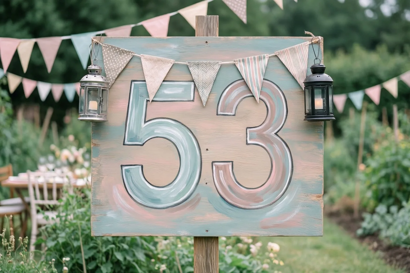 Een groot houten bord met het geschilderde getal 53 staat in een tuin met vlaggetjes en hangende lantaarns in zachte pasteltinten.
