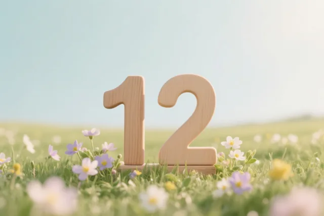 Houten cijfers vormen 12 in een veld met verse lentebloemen onder een heldere hemel in warm zonlicht.