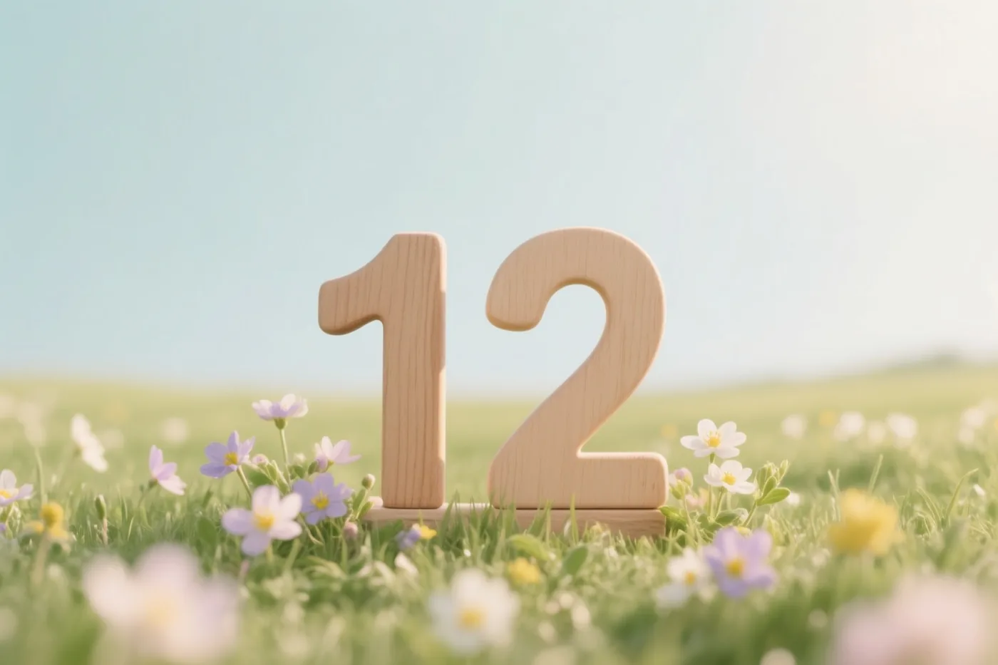 Houten cijfers vormen 12 in een veld met verse lentebloemen onder een heldere hemel in warm zonlicht.