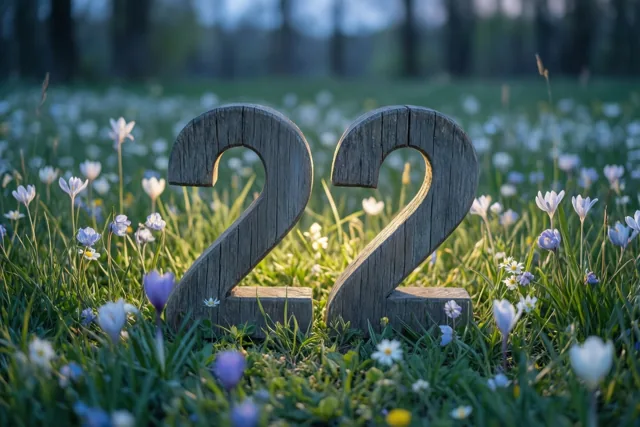 Twee grote houten cijfers vormen 22 in een grasweide met kleine lentebloemen, in zacht zonlicht met onscherpe bomen achteraan.