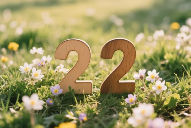 Twee houten cijfers 2 staan rechtop in een zonnige grasweide met kleine witte en paarse lentebloemen.