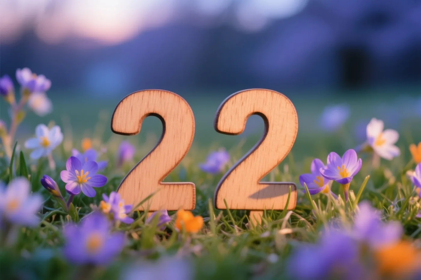 Twee houten cijfers 2 staan in een grasweide tussen paarse en witte lentebloemen, in zacht warm zonlicht met een onscherpe achtergrond.