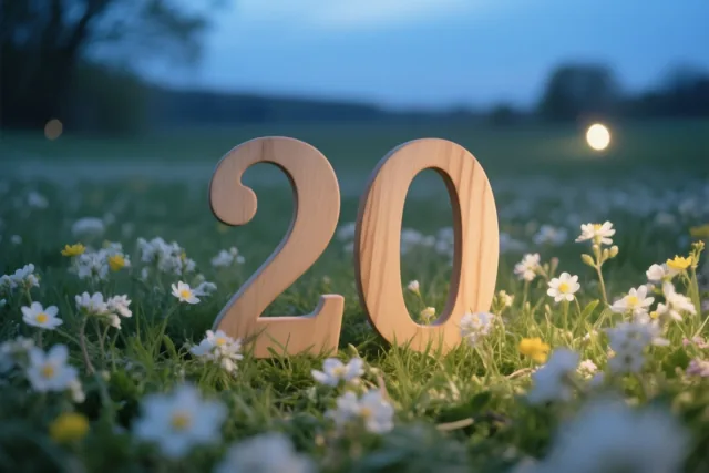 Houten cijfers vormen 20 in een grasweide met witte en gele lentebloemen, in zachtblauw schemerlicht met een onscherpe achtergrond.