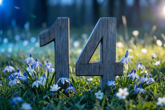 Houten cijfers vormen 14 in een zonnige grasweide met blauwe en witte lentebloemen en een zacht onscherpe achtergrond.