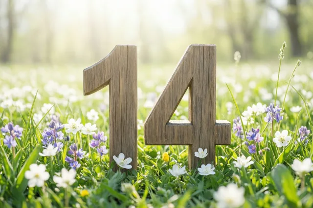 Houten cijfers vormen 14 in een felgroene weide met witte en paarse lentebloemen in helder zonlicht.