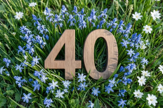 Houten cijfers 40 staan in een zonnige weide met frisgroen gras en blauwe en witte lentebloemen.