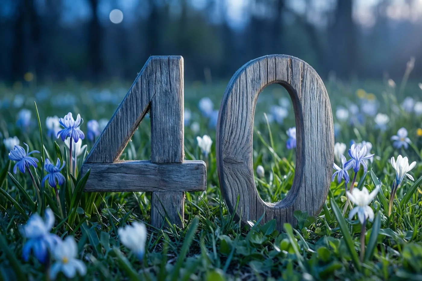 Houten cijfers 40 staan in een grasweide met blauwe en witte lentebloemen in zacht zonlicht, met een onscherp bos op de achtergrond.