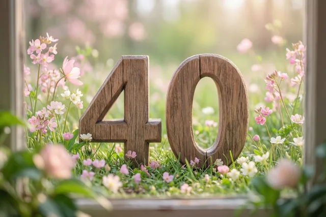 Houten cijfers 40 staan rechtop tussen groen gras en roze en witte lentebloemen in warm zonlicht, met een wazige achtergrond.