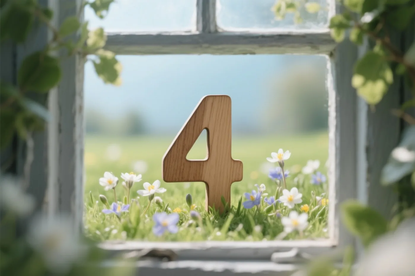 Door een open raam is een houten cijfer 4 te zien in groen gras met kleine witte en blauwe bloemen, met onscherp gebladerte op de voorgrond.