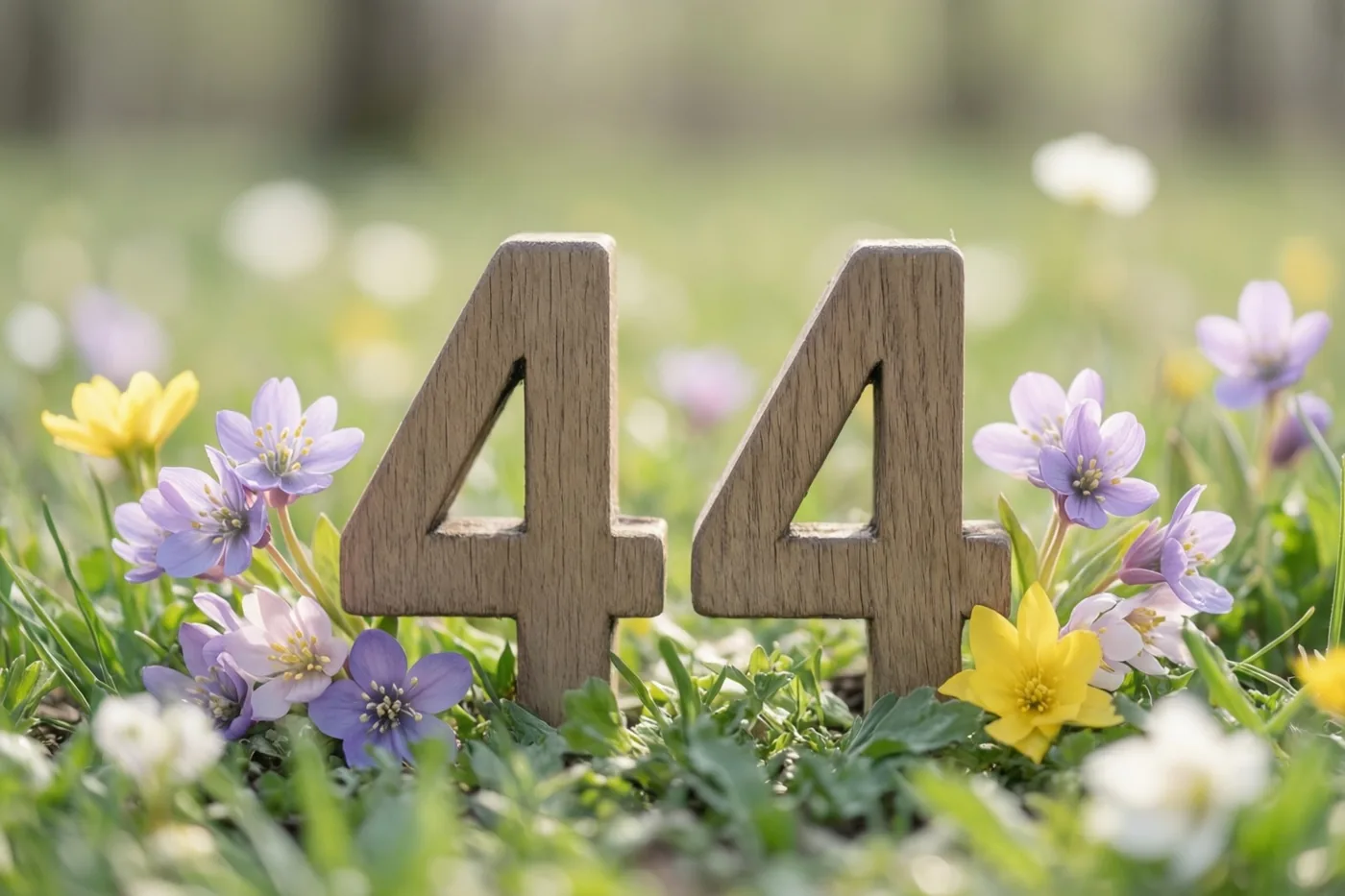Twee houten vieren staan rechtop in een grasweide met paarse en gele lentebloemen in fel zonlicht, tegen een onscherpe achtergrond.