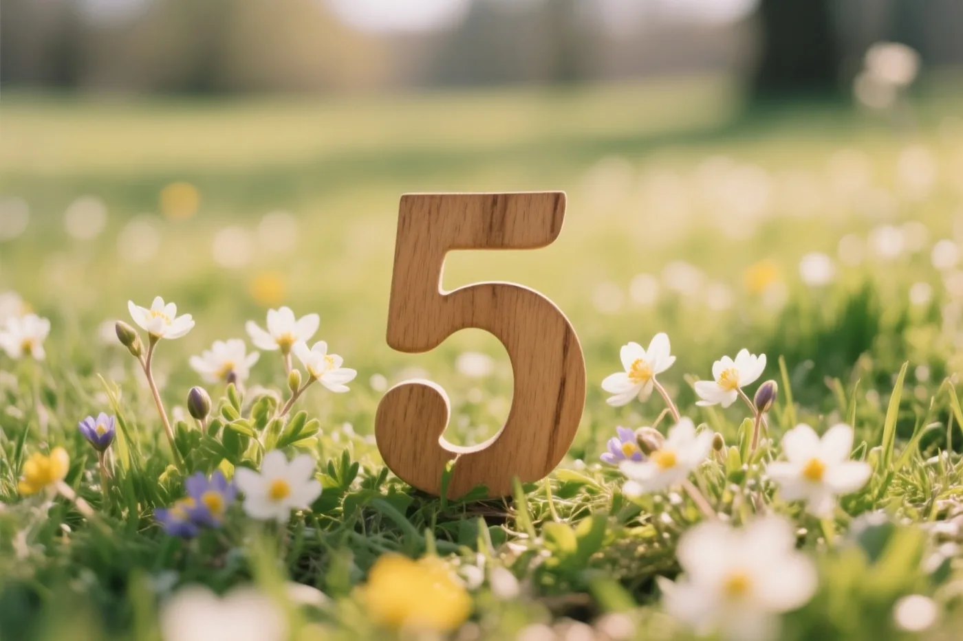 Een houten cijfer 5 staat rechtop in een zonnige weide vol lentebloemen, met een zachte onscherpe achtergrond.
