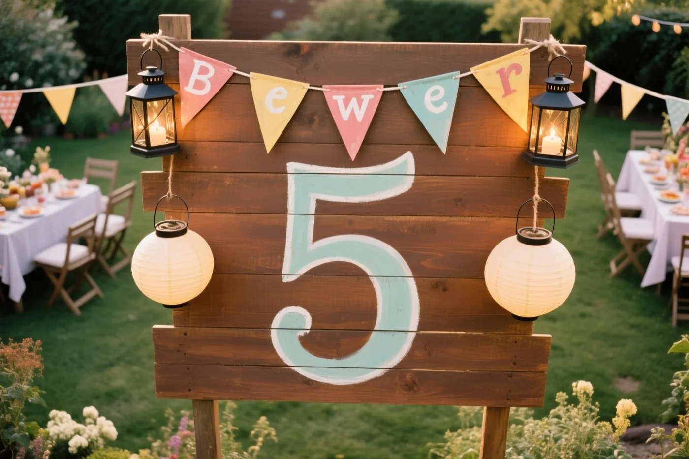 Een houten bord met een grote geschilderde 5 staat tussen vlaggetjes en hangende lantaarns in een tuin met gras, tafels en stoelen in warm avondlicht.