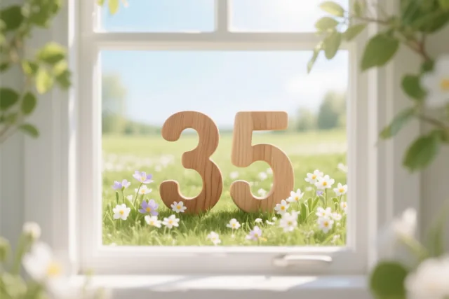 Door een wit raamkozijn zijn houten cijfers 35 te zien in een zonnige weide vol lentebloemen.