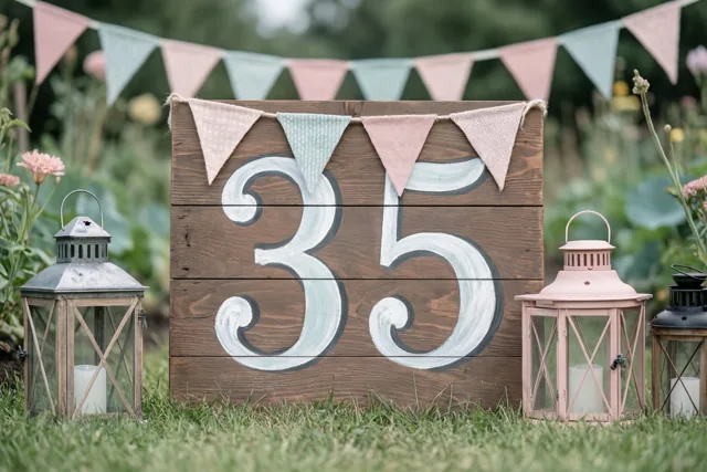 Een houten bord met 35 in wit en lichtblauw staat op het gras, versierd met vlaggetjes en geflankeerd door drie lantaarns, met wazige bloemen en groen erachter.