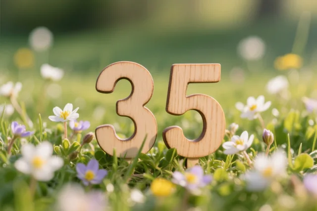 Houten cijfers 35 staan in een zonnige grasweide met kleine witte en paarse lentebloemen en een zacht vervaagde achtergrond.