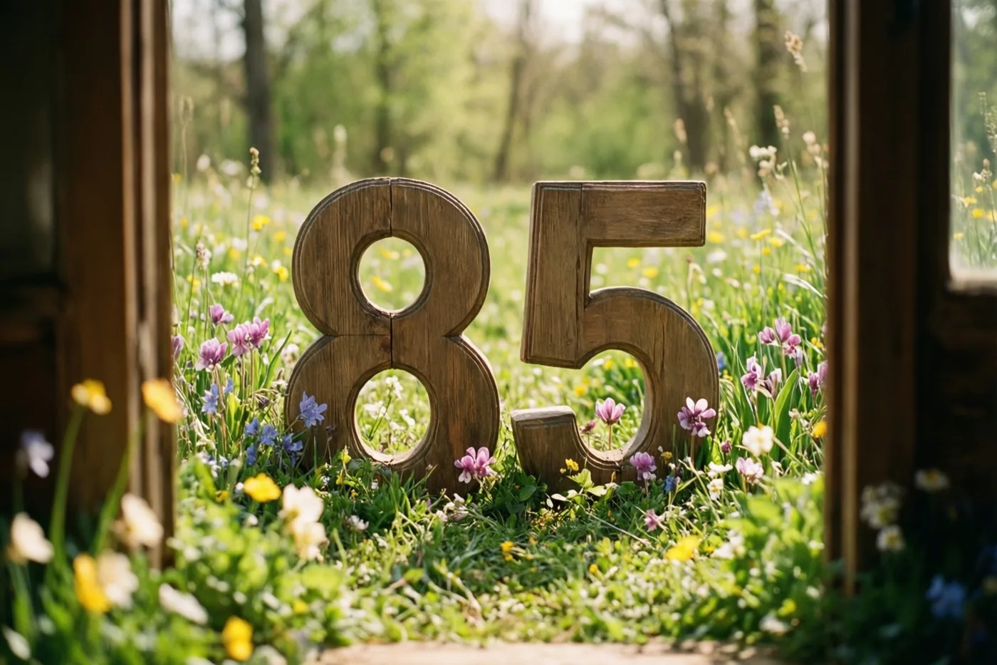 Houten cijfers 85 staan in een zonnige weide met lentebloemen, gezien door een houten raamkozijn, in overwegend groene, gele en paarse tinten.