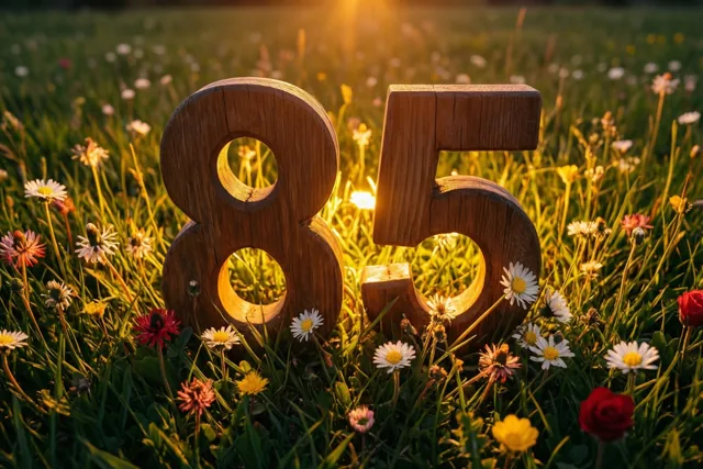 Houten cijfers 85 staan rechtop in een grasweide met madeliefjes en andere wilde bloemen in warm, goudkleurig zonlicht.