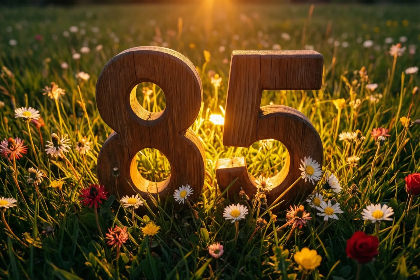 Houten cijfers 85 staan rechtop in een grasweide met madeliefjes en andere wilde bloemen in warm, goudkleurig zonlicht.