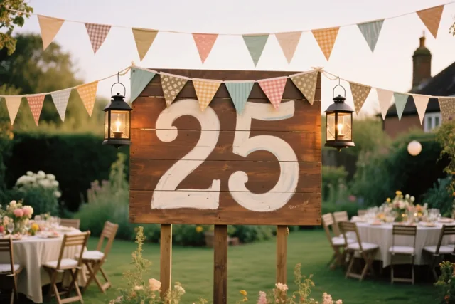 Een houten bord met 25 in witte verf staat op een gazon tussen vlaggetjes, lantaarns, tafels en stoelen in zacht, warm licht.
