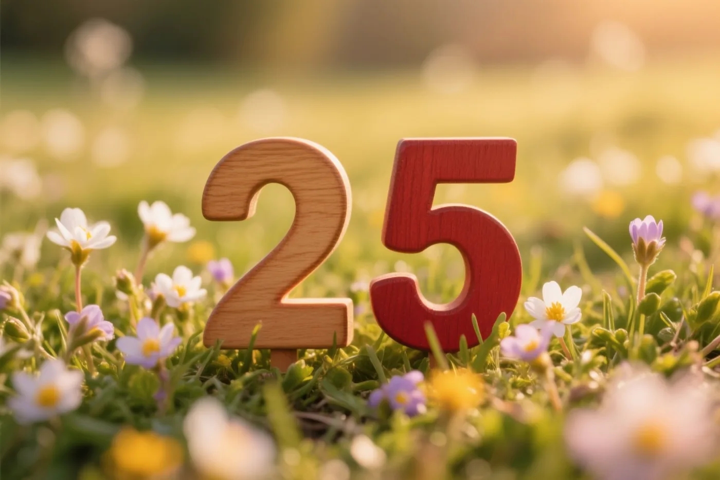 Houten cijfers vormen 25 in een grasweide met kleine witte en paarse lentebloemen in warm, goudkleurig zonlicht.