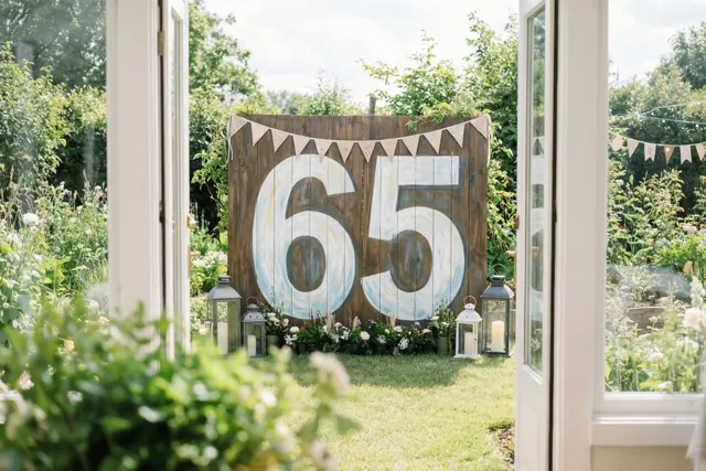 Door een raam is een weelderige groene tuin te zien met een houten bord waarop 65 staat, vlaggetjes en lantaarns in helder daglicht.