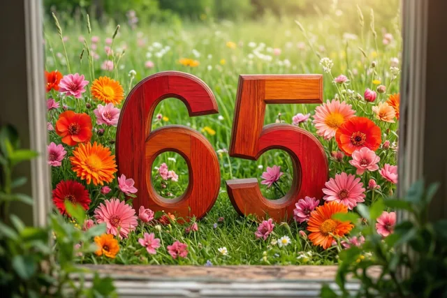 Een omlijsting die op een raam lijkt omkadert houten cijfers 65 in een zonnige weide vol kleurrijke lentebloemen.