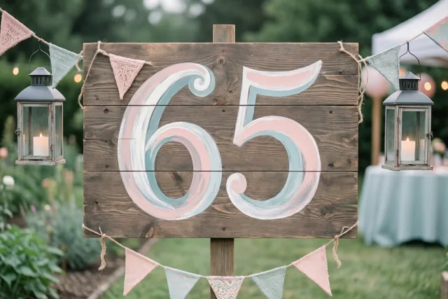 Een landelijk houten bord met 65 in pastelkleuren staat in een tuin met vlaggetjes en hangende lantaarns, tegen een groene achtergrond in zacht licht.
