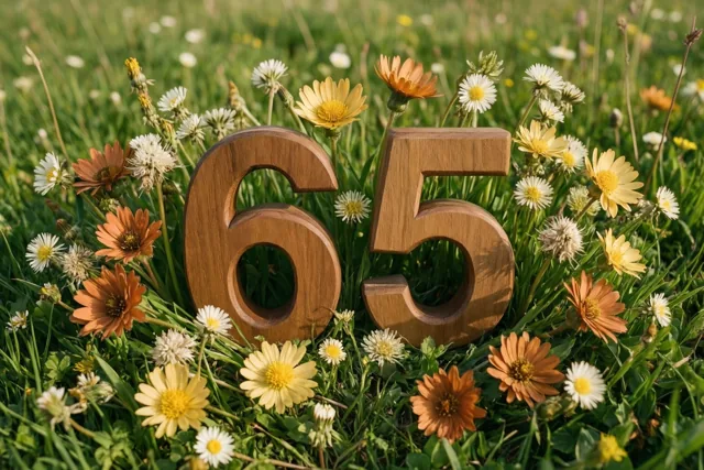 Houten cijfers vormen 65 in een zonnige weide met lentebloemen, in overwegend groene, gele en oranje tinten.