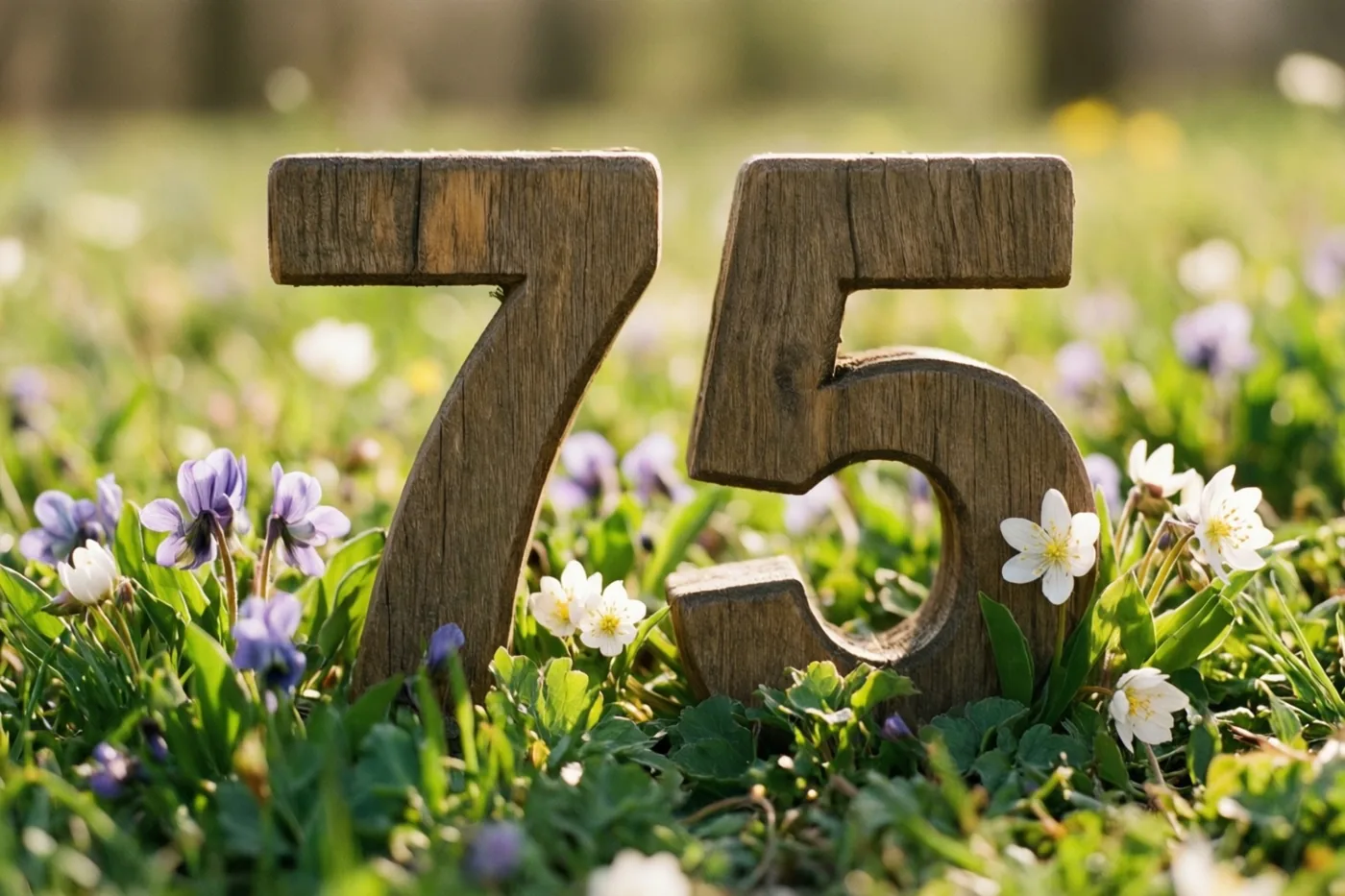 Houten cijfers vormen 75 in een zonnige weide met groen gras en paarse en witte lentebloemen.