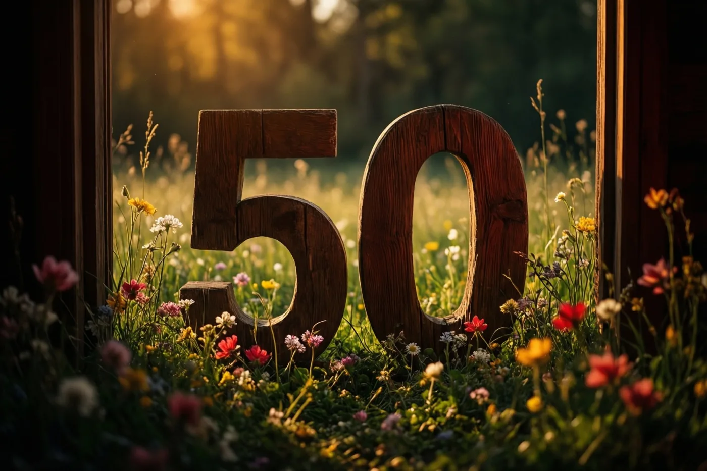 Houten cijfers 50 staan in een zonnige weide met kleurrijke lentebloemen, omlijst door donkere houten raamachtige kaders.